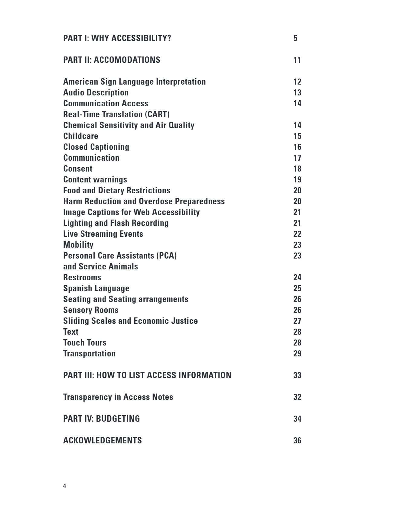 Table of contents listing 4 parts and over 25 specific accommodations